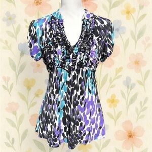 Heart Soul Ruffle V-Neck Top XL Abstract Print Purple Teal Black Stretch Blouse